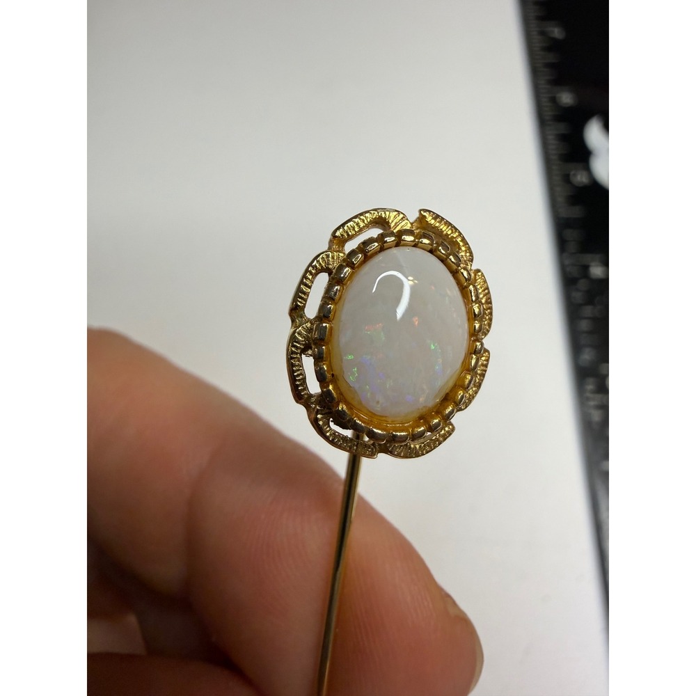 Vintage Gold Tone Faux Opal Stick Pin Scalloped Oval Cabochon Lapel Pin 2.5 Inch